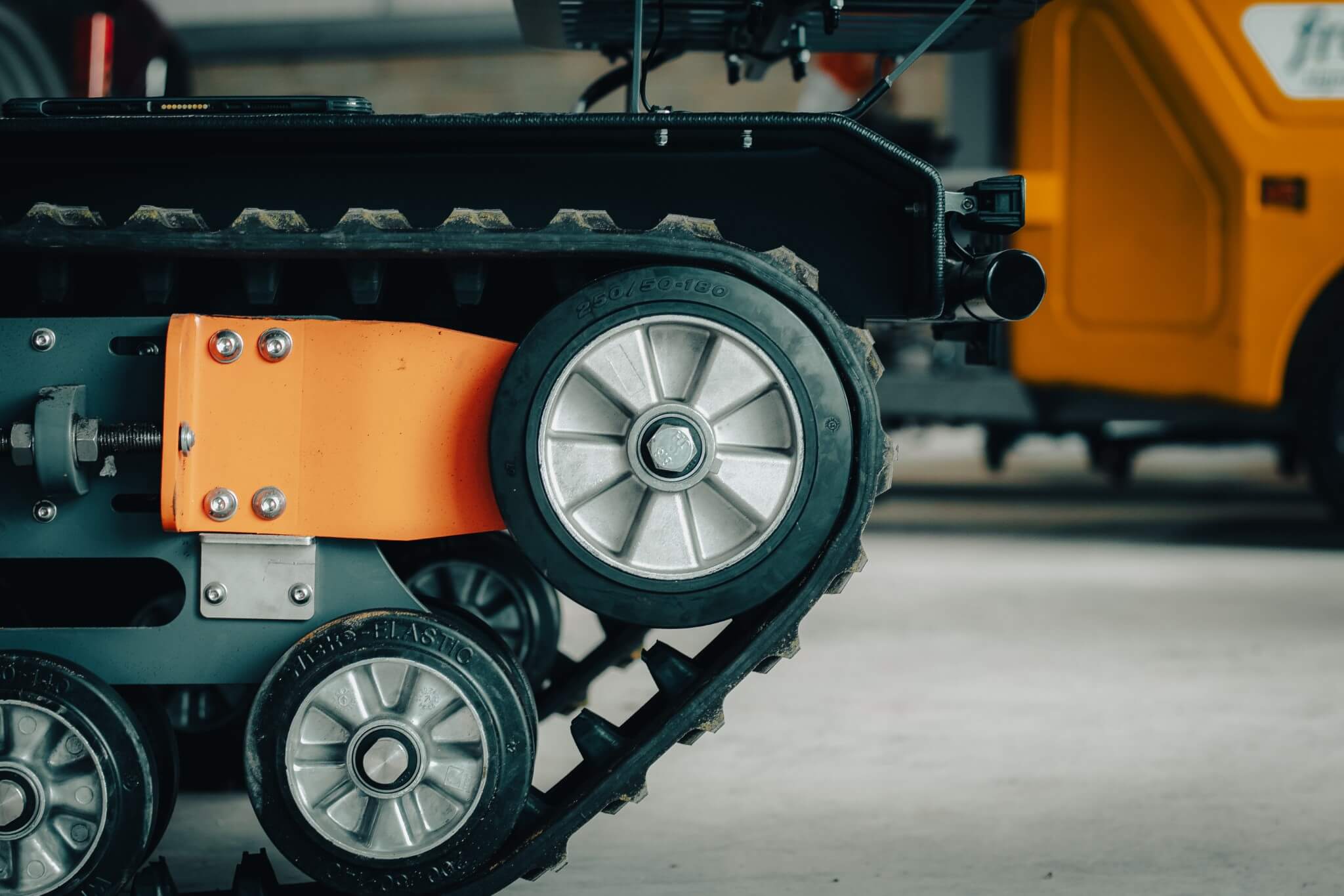 Close up shot of front track wheel