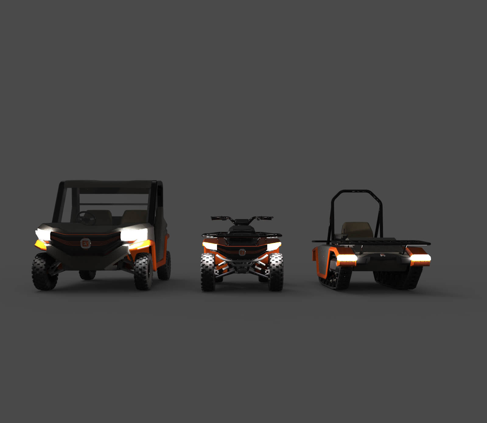 The full Pulse EV range of vehicles in a line, with their lights on
